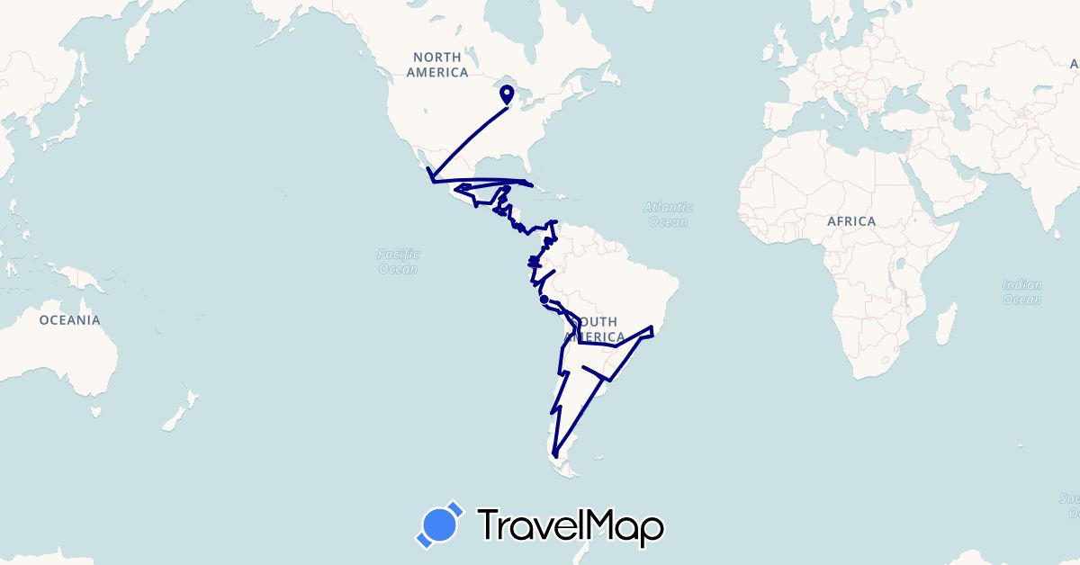 TravelMap itinerary: driving, hiking in Argentina, Bolivia, Brazil, Belize, Chile, Colombia, Costa Rica, Cuba, Ecuador, Guatemala, Honduras, Mexico, Nicaragua, Panama, Peru, Paraguay, El Salvador, United States, Uruguay (North America, South America)